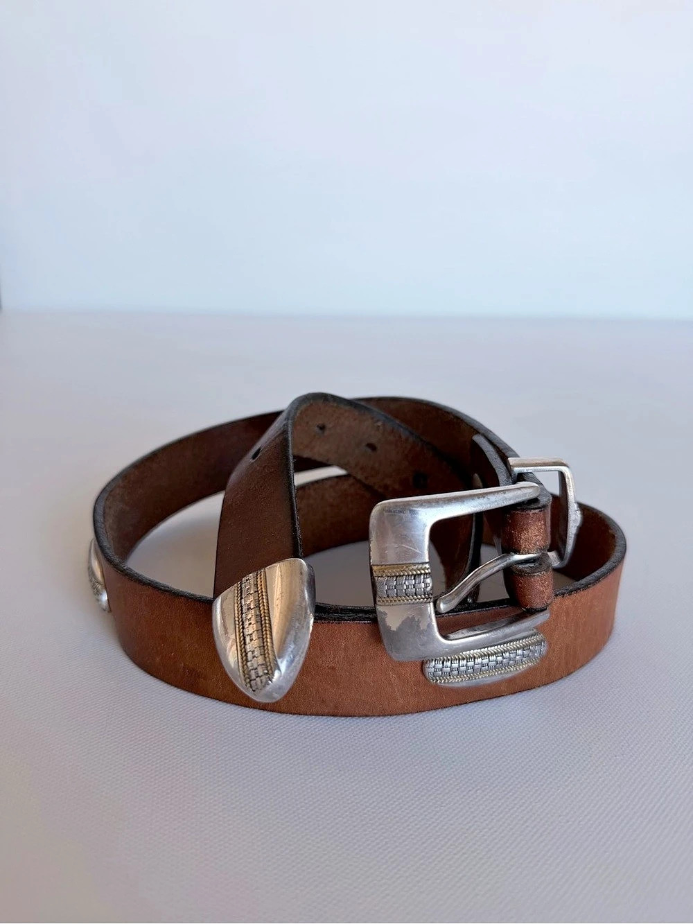 Vintage Brown Leather Western Concho Belt Silver Tone 44”